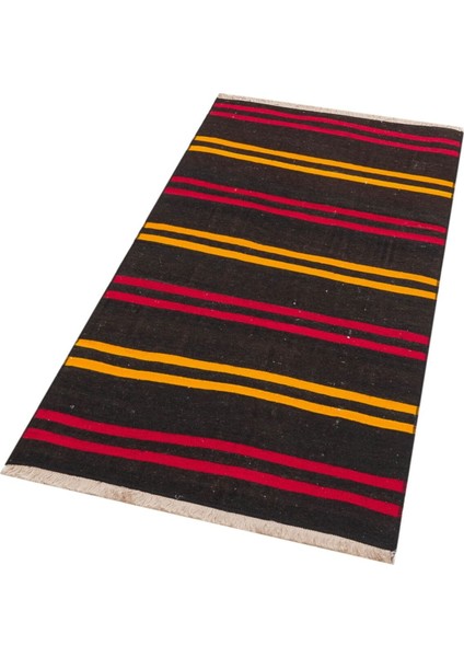 El Dokuma Sarı Kırmızı Çizgili Desen Vintage Kilim