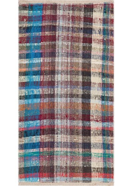 Çok Renkli Kareli Desen El Dokuma Vintage Kilim