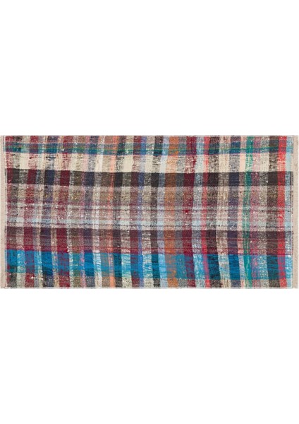 Çok Renkli Kareli Desen El Dokuma Vintage Kilim