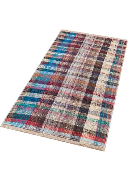 Çok Renkli Kareli Desen El Dokuma Vintage Kilim