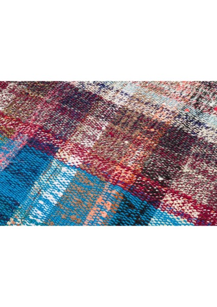 Çok Renkli Kareli Desen El Dokuma Vintage Kilim