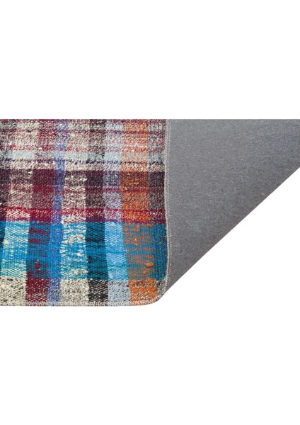 Çok Renkli Kareli Desen El Dokuma Vintage Kilim