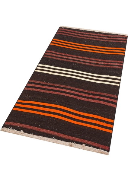 Anadolu El Dokuma Turncu Murdum Renk Çizgili Vintage Kilim