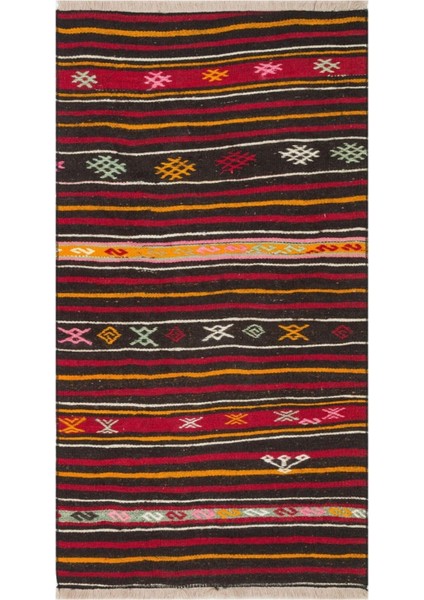 Anadolu El Dokuma Siyah Sarı Renk Çizgili Vintage Kilim