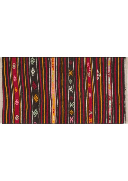 Anadolu El Dokuma Siyah Sarı Renk Çizgili Vintage Kilim