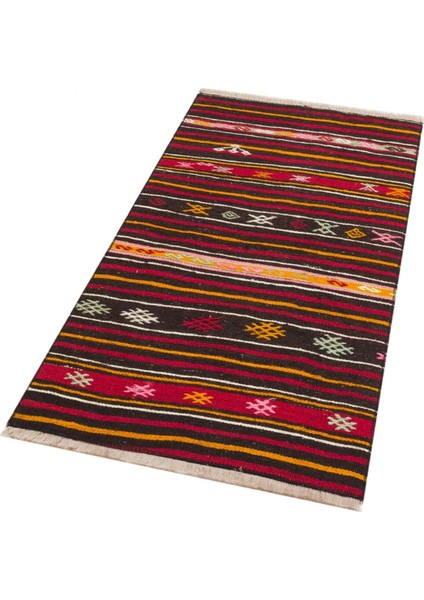 Anadolu El Dokuma Siyah Sarı Renk Çizgili Vintage Kilim