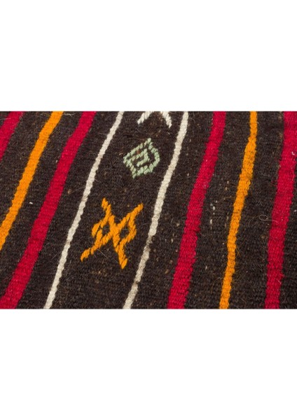 Anadolu El Dokuma Siyah Sarı Renk Çizgili Vintage Kilim