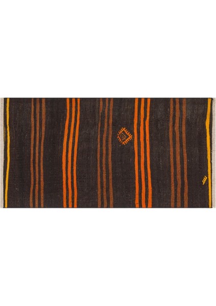 Anadolu El Dokuma Siyah Turuncu Çizgili Vintage Kilim