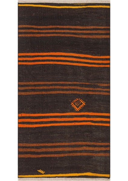 Anadolu El Dokuma Siyah Turuncu Çizgili Vintage Kilim