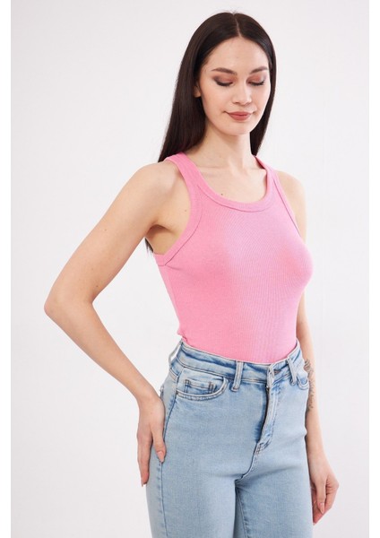 Kadın Pembe Fitilli Likralı T-Shirt Halter Yaka Örme Atlet