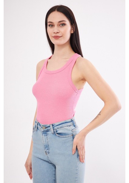 Kadın Pembe Fitilli Likralı T-Shirt Halter Yaka Örme Atlet