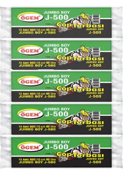 J-500 Jumbo Boy Çöp Poşeti (80 x 110 Cm) 10 Lu Rulo x 5 Paket Çöp Torbası Siyah