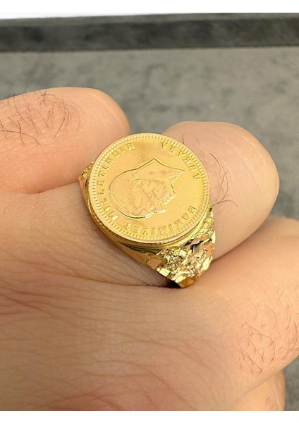 Üç Güllü Model 22 Ayar Ata Çeyrekli Altın Erkek Yüzük