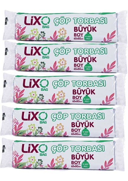 Büyük Boy Çöp Poşeti (65 x 80 Cm) 10 Lu Rulo x 5 Paket Çöp Torbası Mavi 50 Litre