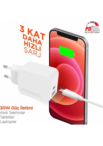 30 W Usb-C Duvar Şarj Cihazı, Hızlı Şarj Özellikli, Beyaz