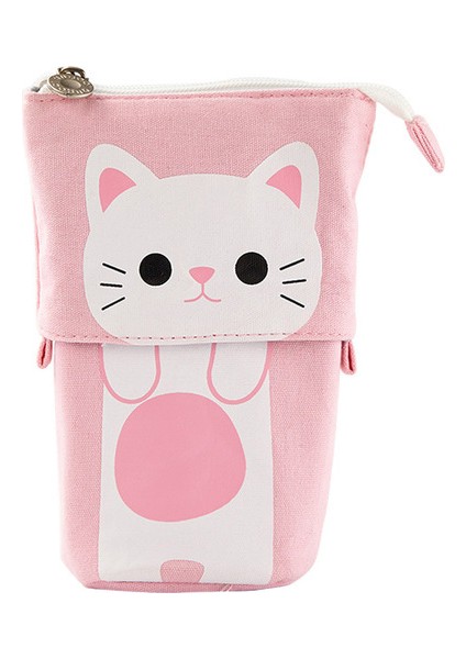 Tuval Kedi Geri Çekilebilir Kalem Çantası Kore Karikatür Büyük Kapasiteli Basit Saklama Kalem Çantası (Yurt Dışından)