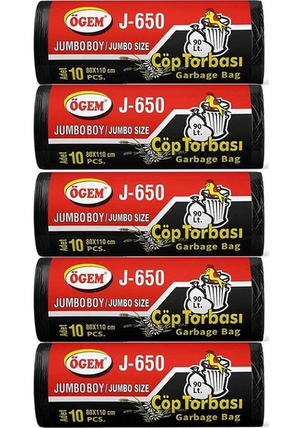 J-650 Jumbo Boy Çöp Poşeti (80 x 110 Cm) 10 Lu Rulo x 5 Paket Çöp Torbası Siyah