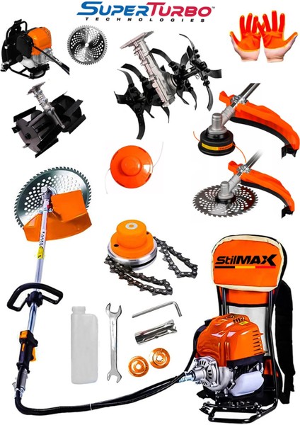 Superturbo Arazi Seti 20HPX Sırt Tipi Tırpan Ot Biçme + 2'li Toprak Eşeleme + Akrobat Çapalama Seti