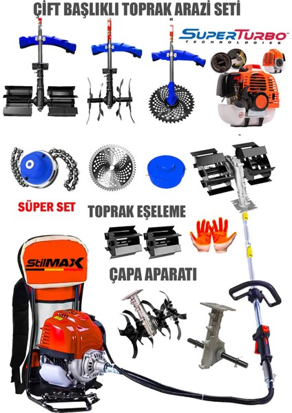 Superturbo Arazi Seti 20HPX Sırt Tipi Tırpan Ot Biçme + 2'li Toprak Eşeleme + Akrobat Çapalama Seti fiyatları