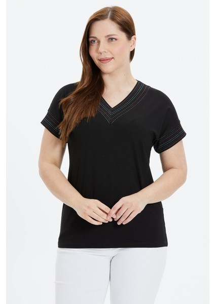 Büyük Beden Düşük Kol Renkli Ribanalı Penye Bluz