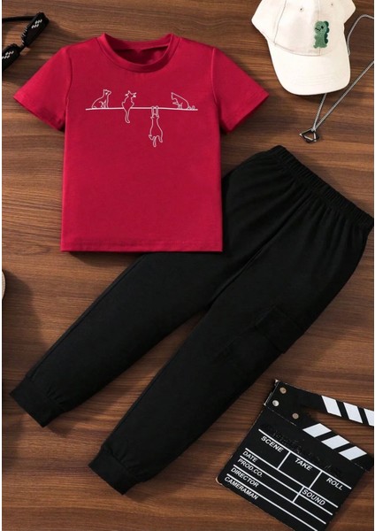 Özel Tasarım Akrobat Kedicikler Baskılı Pamuk Kısa Kollu Yazlık Kız Çocuk Eşofman Takımı