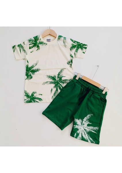 Özel Tasarım Yeşil Palmiye Baskılı Pamuk Erkek Çocuk Luxury T-Shırt Şort Takımı