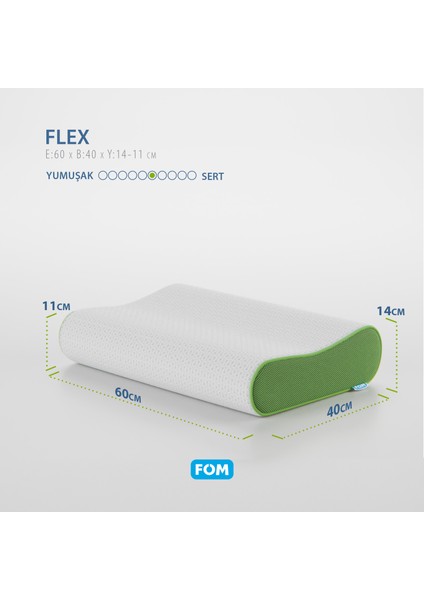 Flex Tam Ortopedik Visco Konforlu Uyku Yastık, Ortopedik, 60 X 40 X 14/11, Yeşil