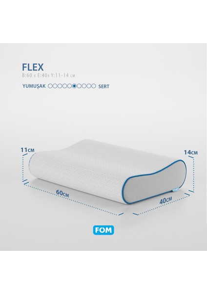 FOM Flex Tam Ortopedik Visco Konforlu Uyku Yastık, Ortopedik, 60 X 40 X 14/11, Beyaz