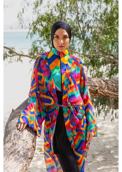 Remsa Mayo Remsa Tesettür Mayo Üzerine Tek Kaftan Kimono Pareo RP016 Tetris