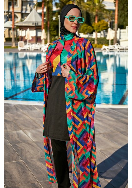 Remsa Mayo Remsa Tesettür Mayo Üzerine Tek Kaftan Kimono Pareo RP016 Tetris