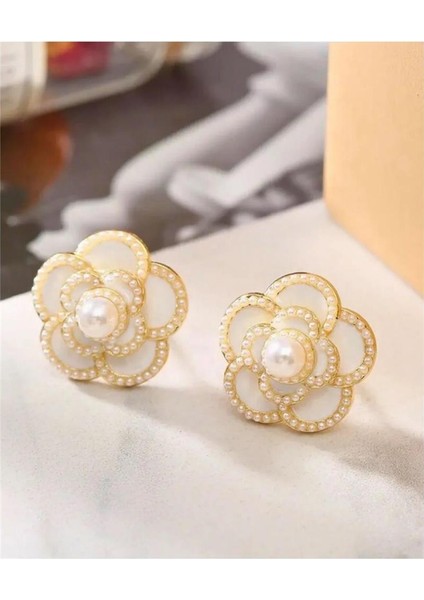 Tek Incili Katmerli Çiçek Küpe