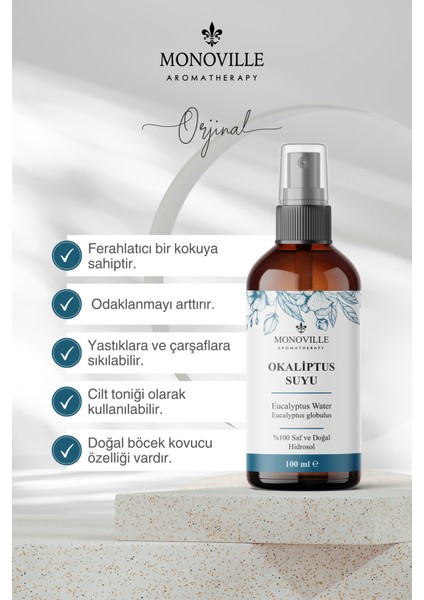 Okaliptus Suyu Cam Şişe %100 Saf ve Doğal 100 ml (Eucalyptus Water)