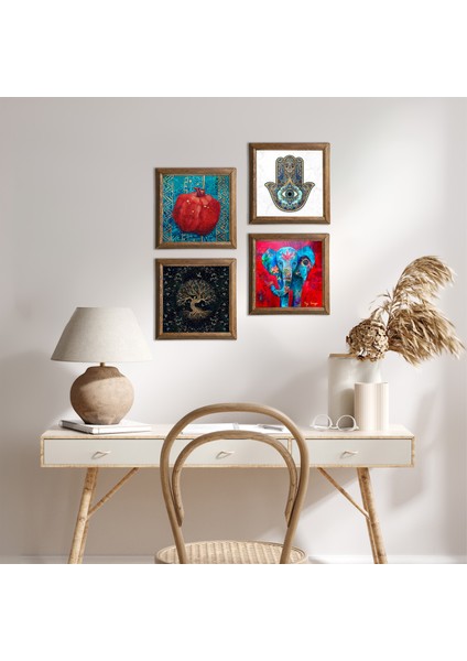 Fil, Nar Ağacı, Nar, Fatma Ana Eli (Hamsa) Taş Duvar Tablosu Ahşap Çerçeveli Duvar Dekoru 4 Parça Tablo Seti Wall Art W4-874