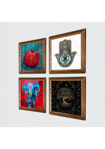 Fil, Nar Ağacı, Nar, Fatma Ana Eli (Hamsa) Taş Duvar Tablosu Ahşap Çerçeveli Duvar Dekoru 4 Parça Tablo Seti Wall Art W4-874
