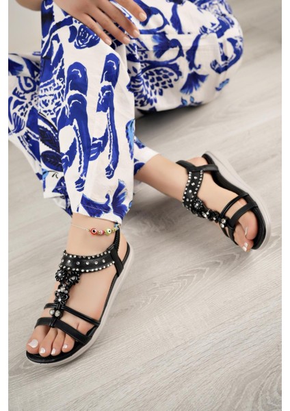 24Y162 Kadn Taşlı Düz Taban Comfort Sandalet Siyah modelleri