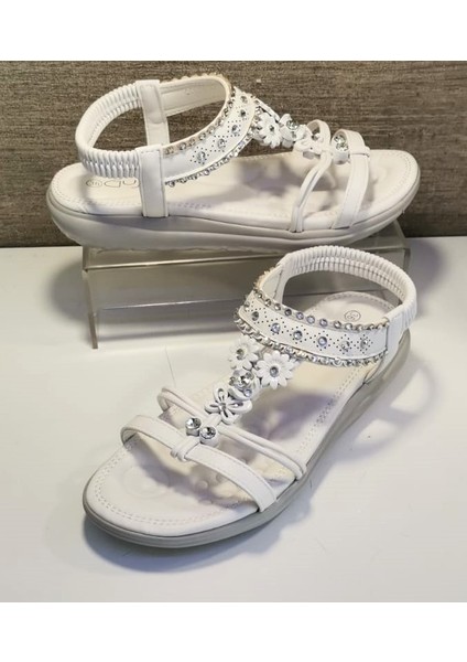 24Y162 Kadn Taşlı Düz Taban Comfort Sandalet Beyaz