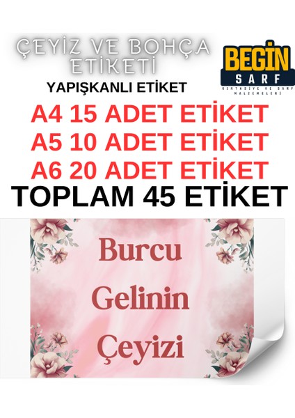 A4 A5 A6 35 Adet Çeyiz Bohça Koli Paket Etiketi Isme Özel Yapışlanlı Etiket 018