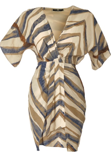 Kruvaze Yaka Desenli Krem-Mavi Kadın Elbise 22457556