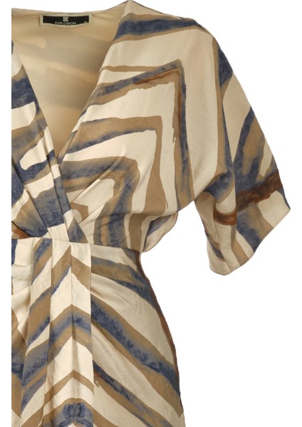 Kruvaze Yaka Desenli Krem-Mavi Kadın Elbise 22457556 modelleri