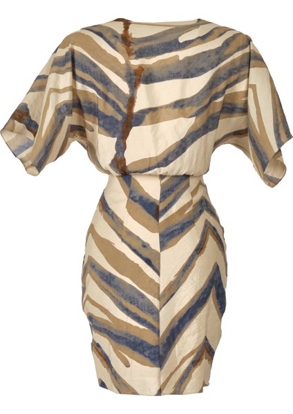 Kruvaze Yaka Desenli Krem-Mavi Kadın Elbise 22457556 indirimleri