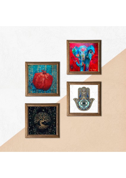 Fil, Nar Ağacı, Nar, Fatma Ana Eli (Hamsa) Taş Duvar Tablosu Ahşap Çerçeveli Duvar Dekoru 4 Parça Tablo Seti Wall Art W4-874