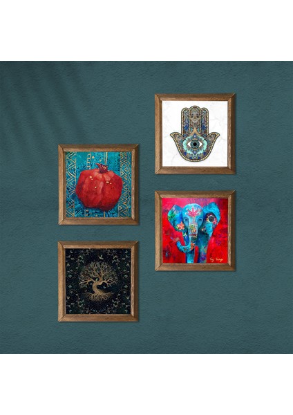 Fil, Nar Ağacı, Nar, Fatma Ana Eli (Hamsa) Taş Duvar Tablosu Ahşap Çerçeveli Duvar Dekoru 4 Parça Tablo Seti Wall Art W4-874