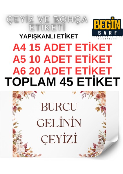 Begin Sarf A4 A5 A6 35 Adet Çeyiz Bohça Koli Paket Etiketi Isme Özel Yapışlanlı Etiket 022