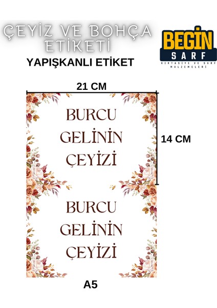 Begin Sarf A4 A5 A6 35 Adet Çeyiz Bohça Koli Paket Etiketi Isme Özel Yapışlanlı Etiket 022