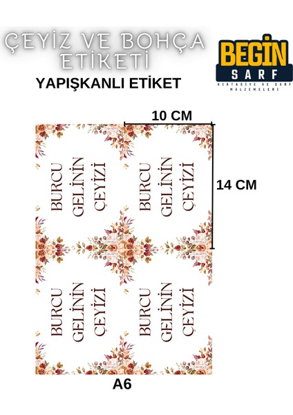 Begin Sarf A4 A5 A6 35 Adet Çeyiz Bohça Koli Paket Etiketi Isme Özel Yapışlanlı Etiket 022