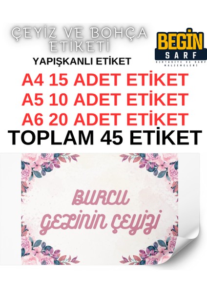 Begin Sarf A4 A5 A6 35 Adet Çeyiz Bohça Koli Paket Etiketi Isme Özel Yapışlanlı Etiket 007