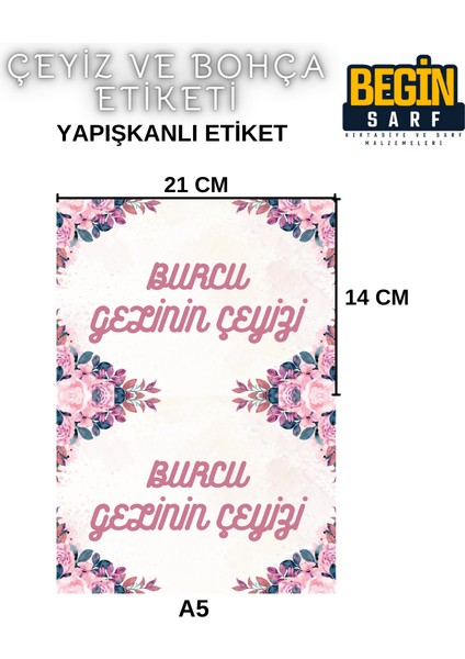 Begin Sarf A4 A5 A6 35 Adet Çeyiz Bohça Koli Paket Etiketi Isme Özel Yapışlanlı Etiket 007