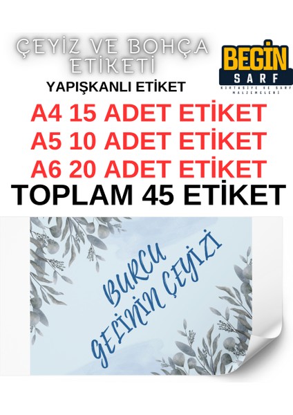 Begin Sarf A4 A5 A6 35 Adet Çeyiz Bohça Koli Paket Etiketi Isme Özel Yapışlanlı Etiket 004