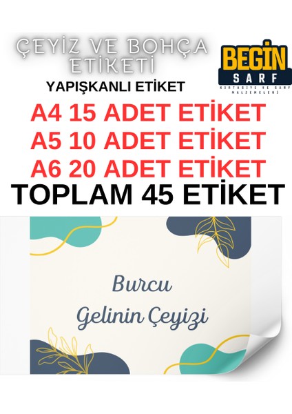 A4 A5 A6 35 Adet Çeyiz Bohça Koli Paket Etiketi Isme Özel Yapışlanlı Etiket 021
