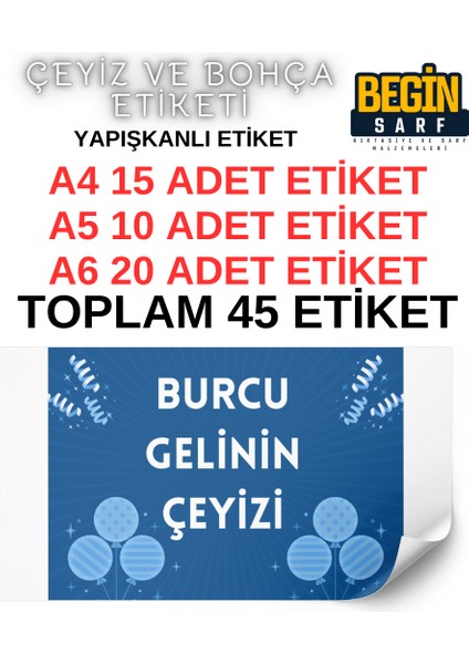 Begin Sarf A4 A5 A6 35 Adet Çeyiz Bohça Koli Paket Etiketi Isme Özel Yapışlanlı Etiket 016